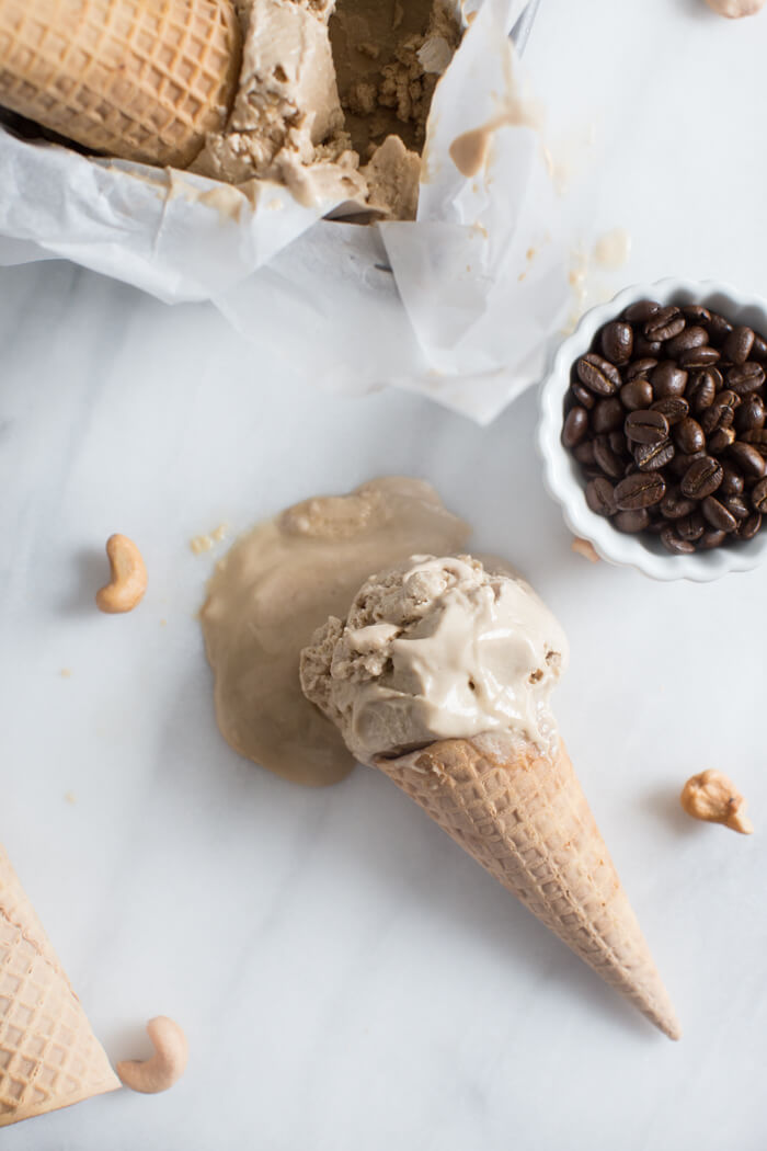 waffle cone of dairy free and vegan coffee cashew ice cream 
