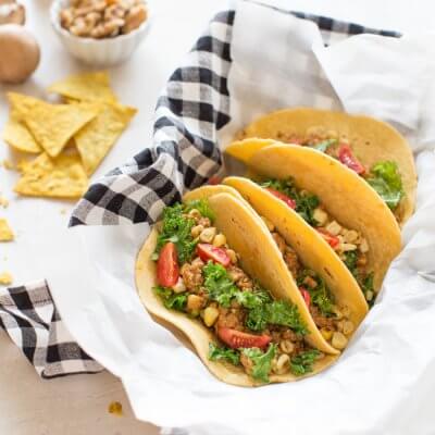 Superfood Turkey Tacos a family favorite with an extra dose of veggies that you can't see. :) Ground turkey tacos sautéed with super tiny mushrooms, walnuts, and cauliflower rice to make a mostly plant based meaty meal.