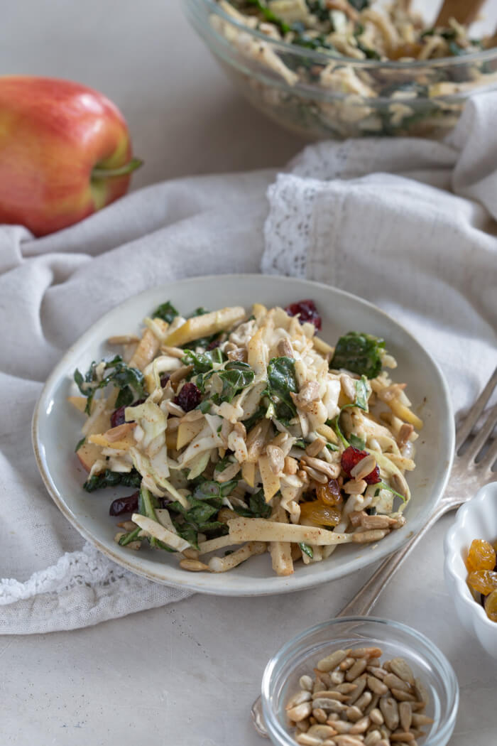 Apple Crunch Slaw with Almond Butter Dressing... yep, let's talk legit fall food over here. We love the crunch in this plant-based salad from all the shredded veggies, apples, and sunflower seeds.