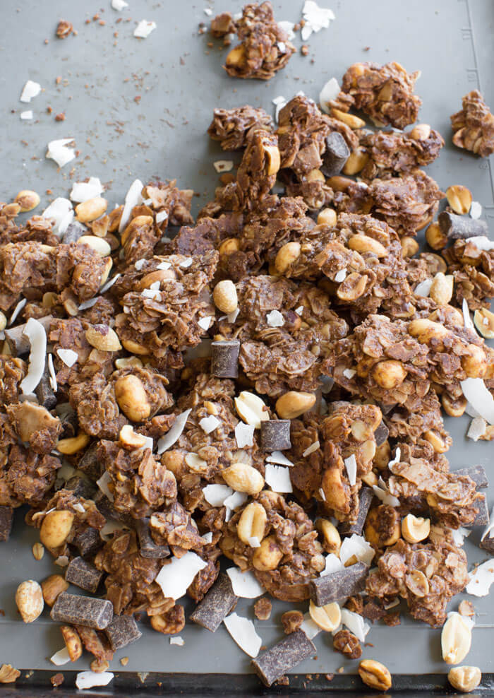 PB chocolate lovers rejoice! Sprinkle this Indulgent Chocolate PB Granola on top of cottage cheese, Greek yogurt, fruit, or enjoy it by the handful.