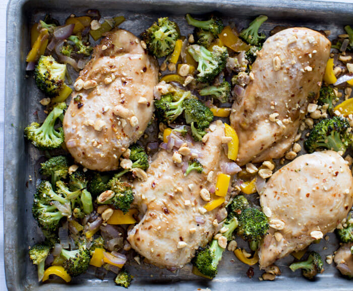 Winner winner Sheet Pan Peanut Butter Chicken and Broccoli dinner. We love sheet pan dinners and this one tastes like healthy Chinese take out!