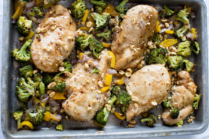 Winner winner Sheet Pan Peanut Butter Chicken and Broccoli dinner. We love sheet pan dinners and this one tastes like healthy Chinese take out!