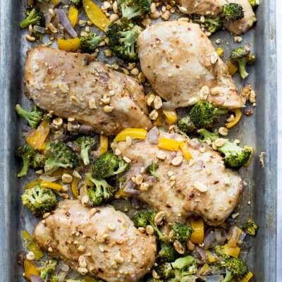 Winner winner Sheet Pan Peanut Butter Chicken and Broccoli dinner. We love sheet pan dinners and this one tastes like healthy Chinese take out!