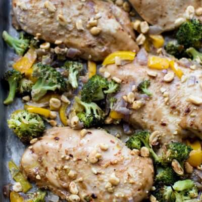 Winner winner Sheet Pan Peanut Butter Chicken and Broccoli dinner. We love sheet pan dinners and this one tastes like healthy Chinese take out!