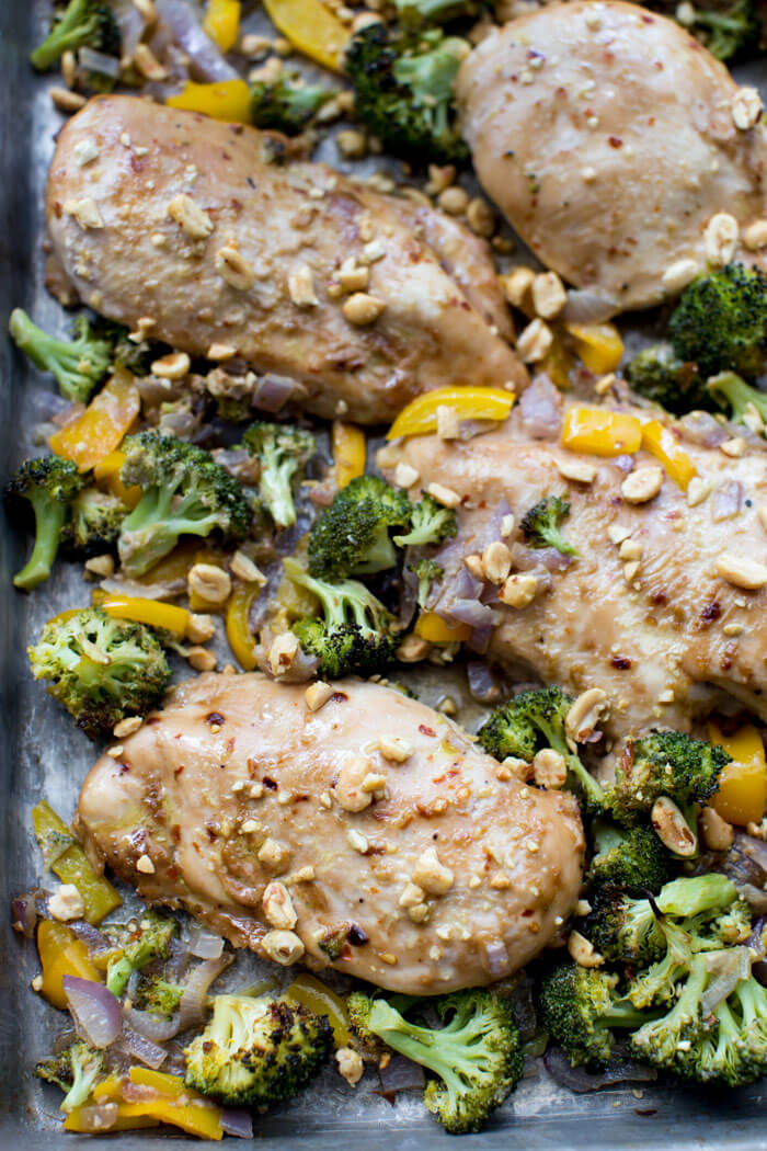 Winner winner Sheet Pan Peanut Butter Chicken and Broccoli dinner. We love sheet pan dinners and this one tastes like healthy Chinese take out!