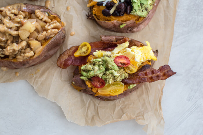 Change the breakfast game with these sweet and savory Breakfast Sweet Potatoes 6 Ways by trying a different flavor combination throughout the week.