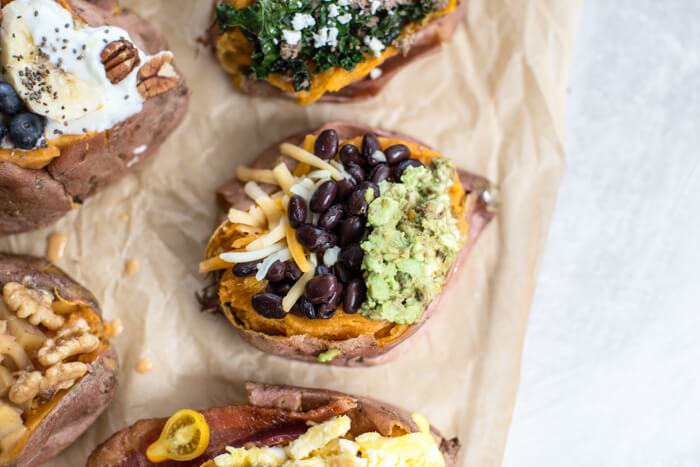Change the breakfast game with these sweet and savory Breakfast Sweet Potatoes 6 Ways by trying a different flavor combination throughout the week.
