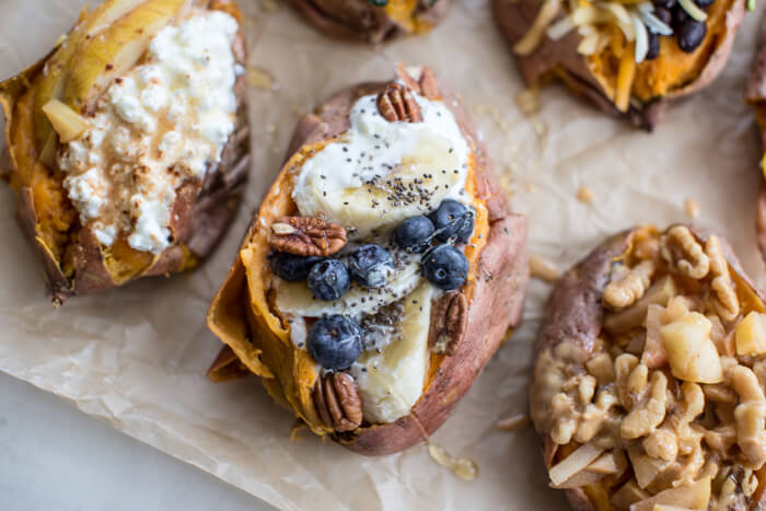 Change the breakfast game with these sweet and savory Breakfast Sweet Potatoes 6 Ways by trying a different flavor combination throughout the week.