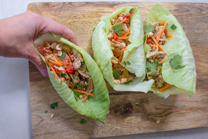 high protein Thai chicken salad wraps with veggies