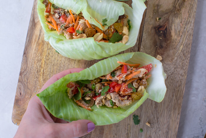 high protein chicken salad wrapped in lettuce