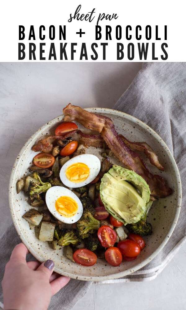 sheet pan breakfast bowl with bacon, eggs and avocado