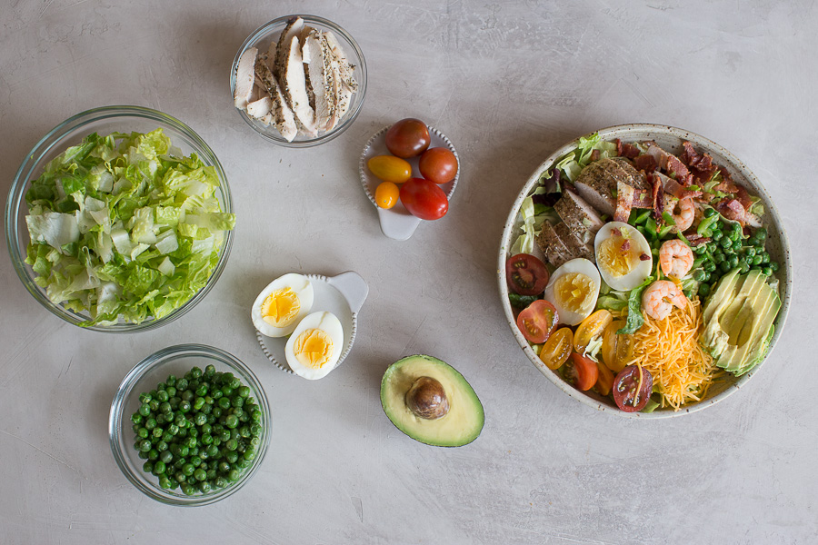 overhead shot of easy cobb salad ingredients deconstructed