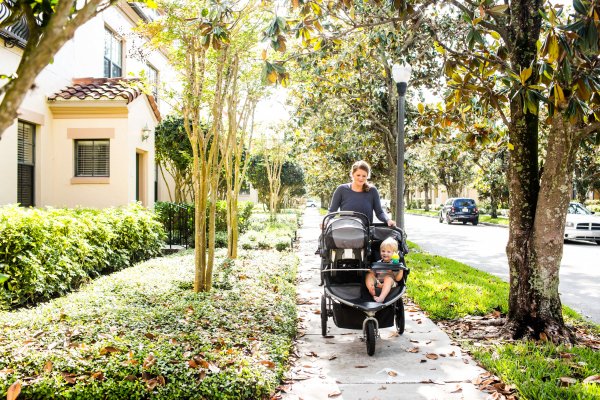 distance shot of mom pushing boys in stroller