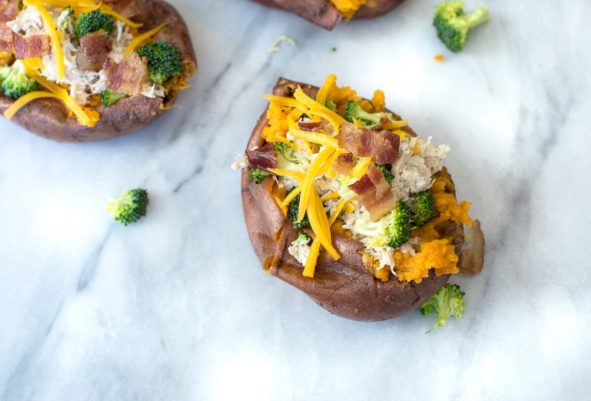 sweet potato stuffed with crack chicken and broccoli 