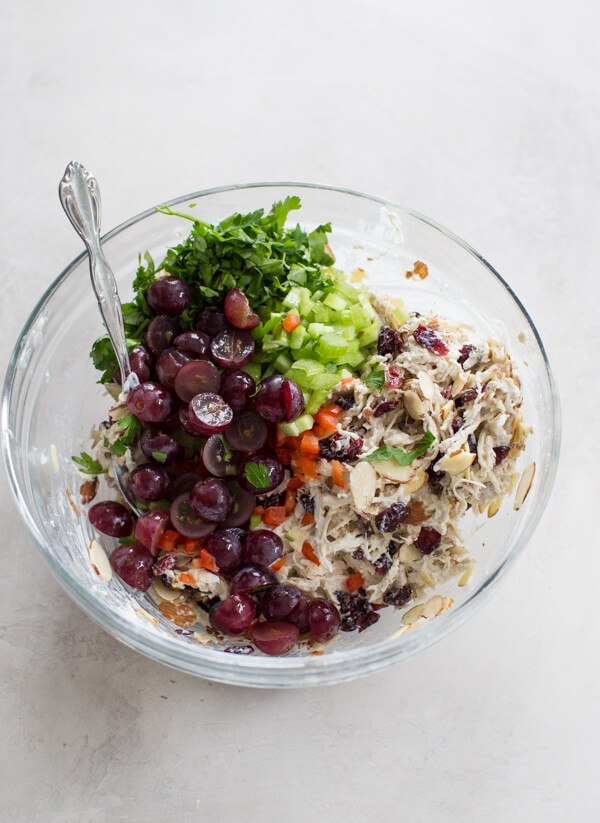 grapes and cranberries in Greek yogurt chicken salad