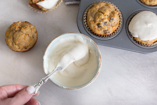 overhead shot of bowl of creamy Greek yogurt frosting 