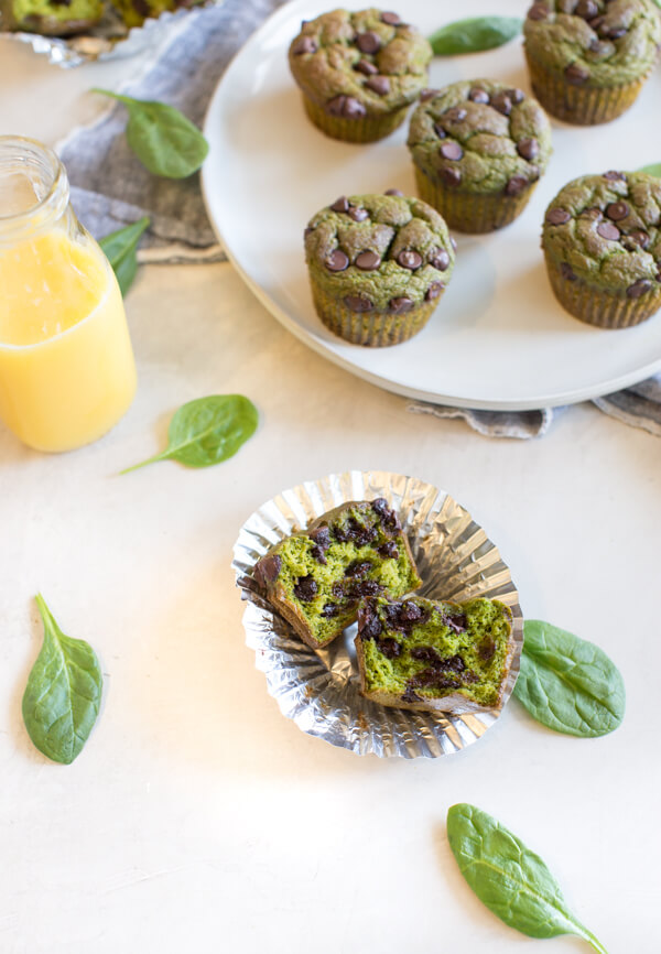 Gluten Free Spinach Muffin are healthy breakfast muffins made in blender and made with orange juice and chocolate chips