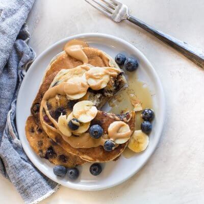 Fluffy gluten free Greek yogurt pancakes recipe made with almond flour, banana and blueberries.