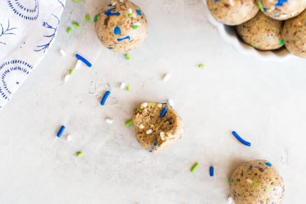 Cake Batter Protein Balls, a no bake protein ball recipe made with dates, cashew butter and protein powder.