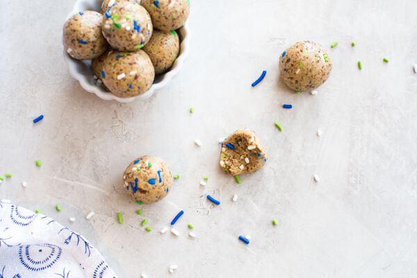 Cake Batter Protein Balls, a no bake protein ball recipe made with dates, cashew butter and protein powder.