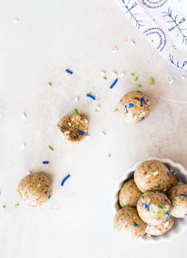 Cake Batter Power Balls, a no bake protein ball recipe made with dates, cashew butter and protein powder.