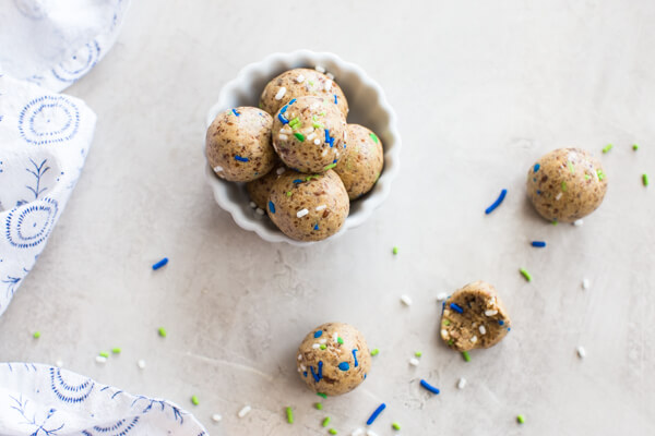 Cake Batter Protein Balls, a no bake protein ball recipe made with dates, cashew butter and protein powder.