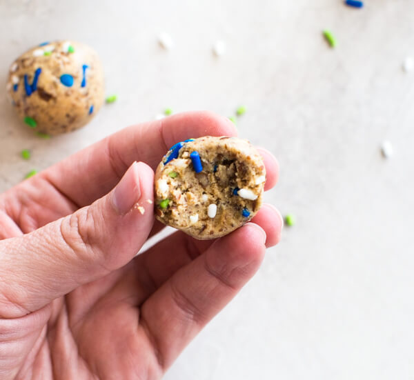 Cake Batter Protein Balls, a no bake protein ball recipe made with dates, cashew butter and protein powder.