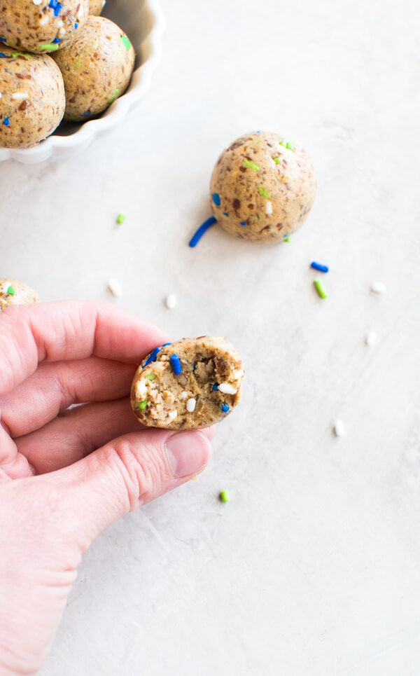 Cake Batter Energy Balls, a no bake protein ball recipe made with dates, cashew butter and protein powder.