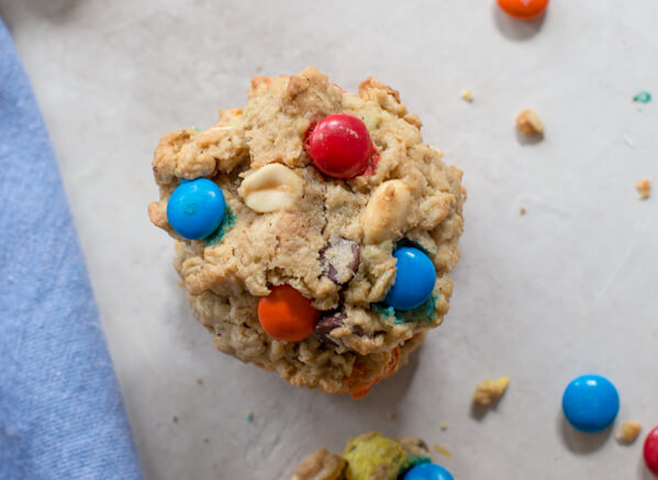 Gluten Free Monster Cookies-- a healthy peanut butter oatmeal cookie recipe with m and ms... your favorite monster trail mix in flourless cookie form.