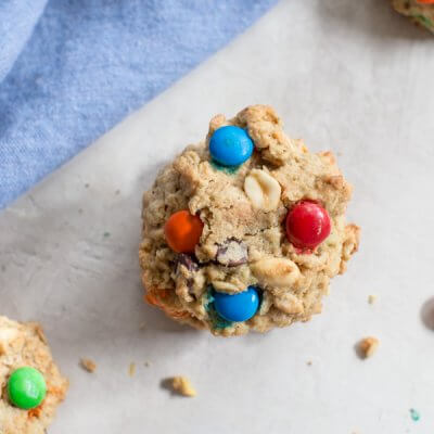 Gluten Free Monster Cookies-- a healthy peanut butter oatmeal cookie recipe with m and ms... your favorite monster trail mix in flourless cookie form.