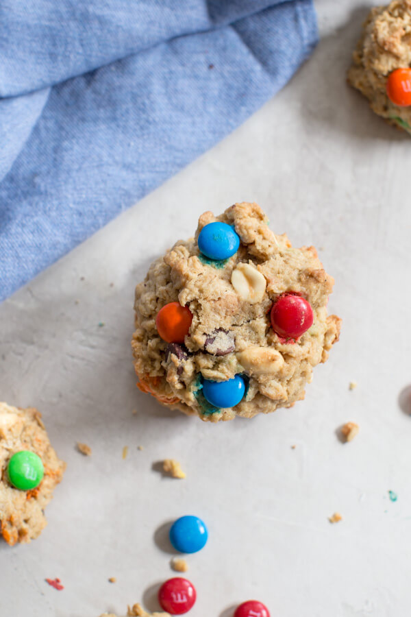 Gluten Free Monster Cookies-- a healthy peanut butter oatmeal cookie recipe with m and ms... your favorite monster trail mix in flourless cookie form.