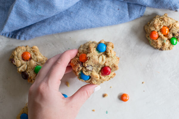 Gluten Free Monster Cookies-- a healthy peanut butter oatmeal cookie recipe with m and ms... your favorite monster trail mix in flourless cookie form.
