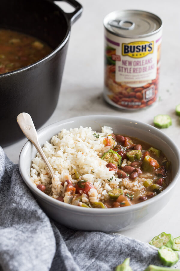 Easy Vegetable Gumbo recipe made with an authentic dark French roux, okra, tomatoes and Creole seasonings. Loaded with Louisiana flavors and beans! 