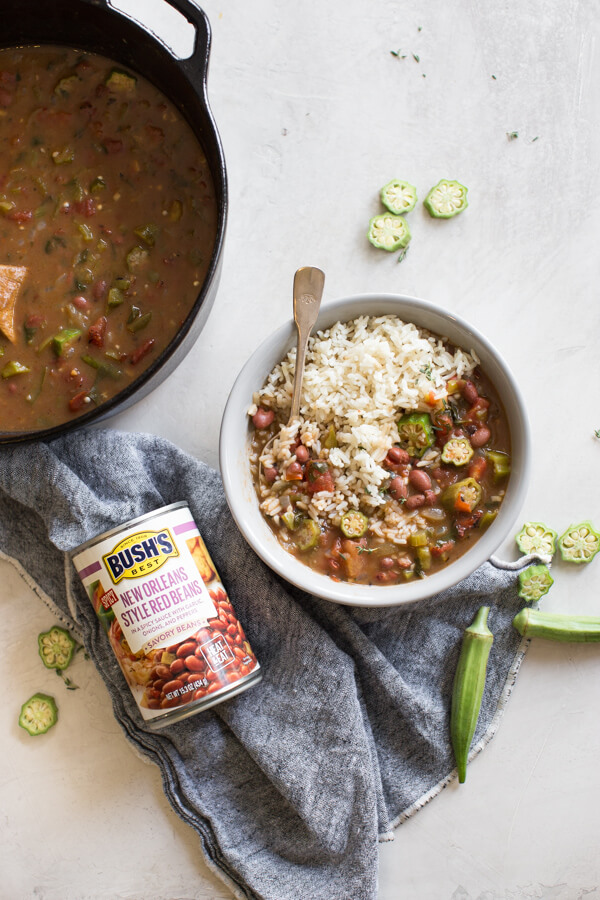 Easy Vegetable Gumbo recipe made with an authentic dark French roux, okra, tomatoes and Creole seasonings. Loaded with Louisiana flavors and beans!