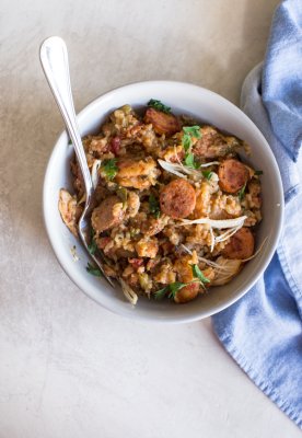 Instant Pot Jambalaya, a healthy jambalaya recipe made with brown rice, andouille chicken sausage, jumbo shrimp, chicken cutlets, lots of veggies and creole seasoning. Easy instant pot recipes are life.