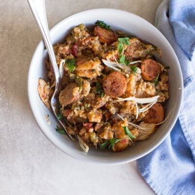 Instant Pot Jambalaya, a healthy jambalaya recipe made with brown rice, andouille chicken sausage, jumbo shrimp, chicken cutlets, lots of veggies and creole seasoning. Easy instant pot recipes are life.