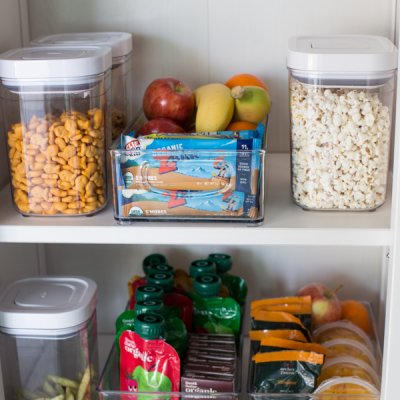 healthy snacks for kids organized in pantry