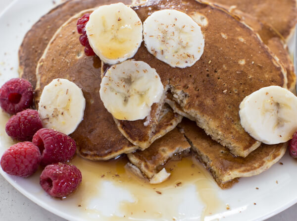 Whole Wheat Pancakes made with flaxseed and whole wheat flour and boast of fiber, protein and healthy fats. 