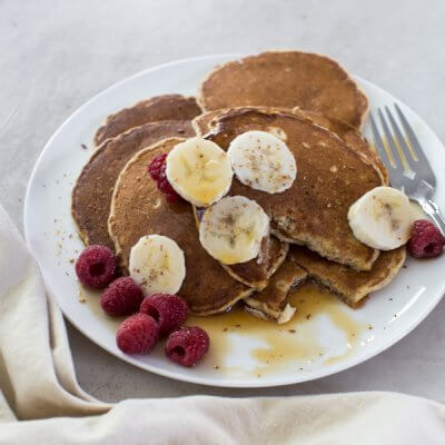 Whole Wheat Pancakes made with flaxseed and whole wheat flour and boast of fiber, protein and healthy fats. 